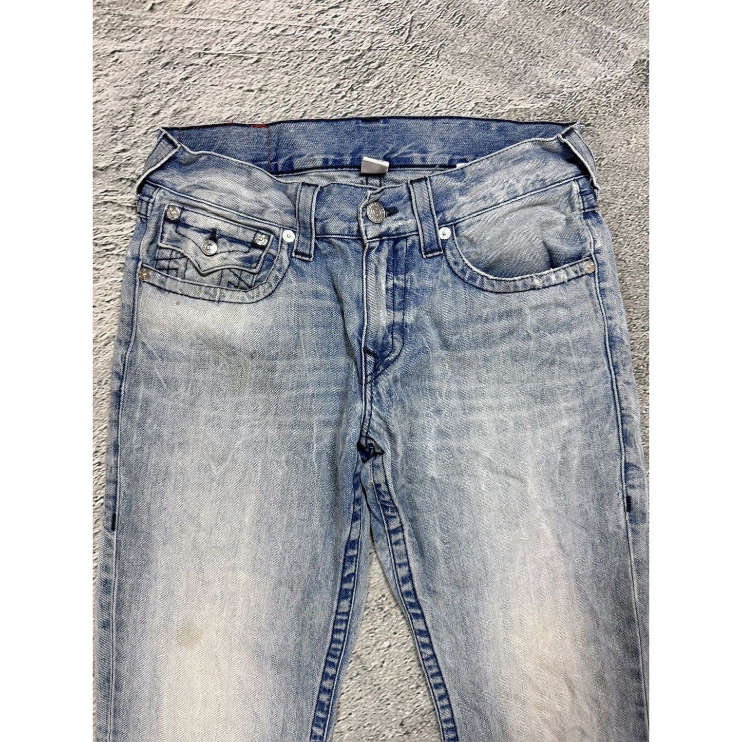 True Religion baby blue jeans black thick stitching straight