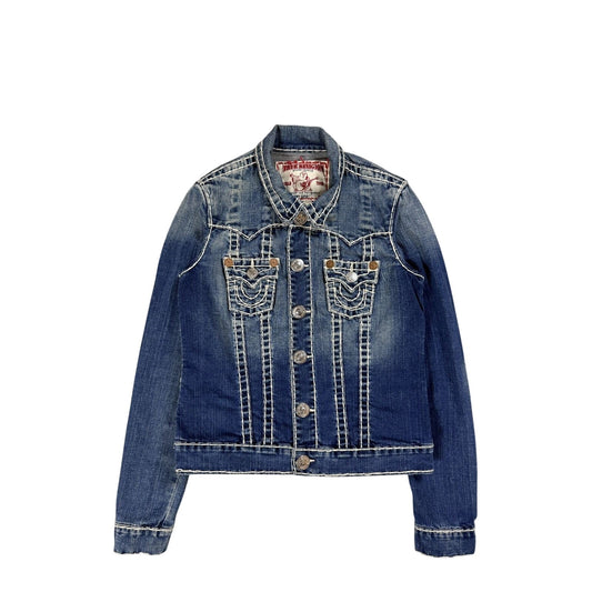 True Religion denim jacket blue white stitching vintage