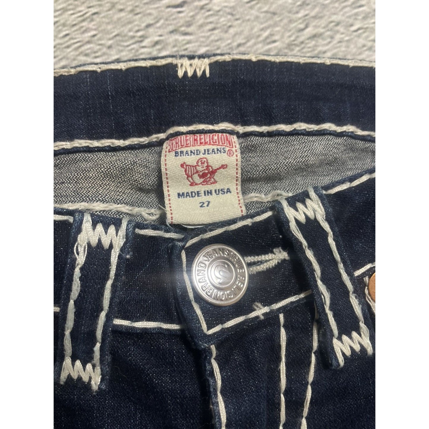 True Religion flared jeans blue white thick stitching Y2K