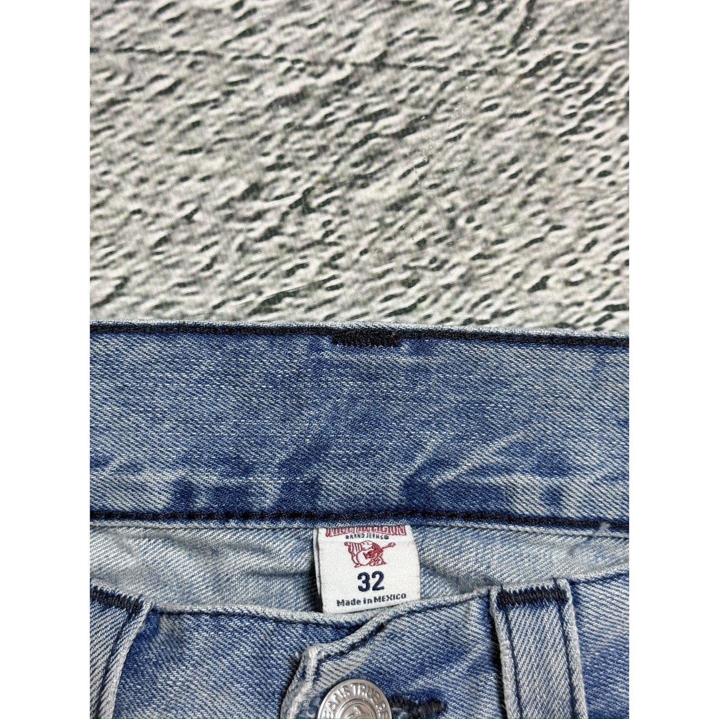 True Religion baby blue jeans black thick stitching straight