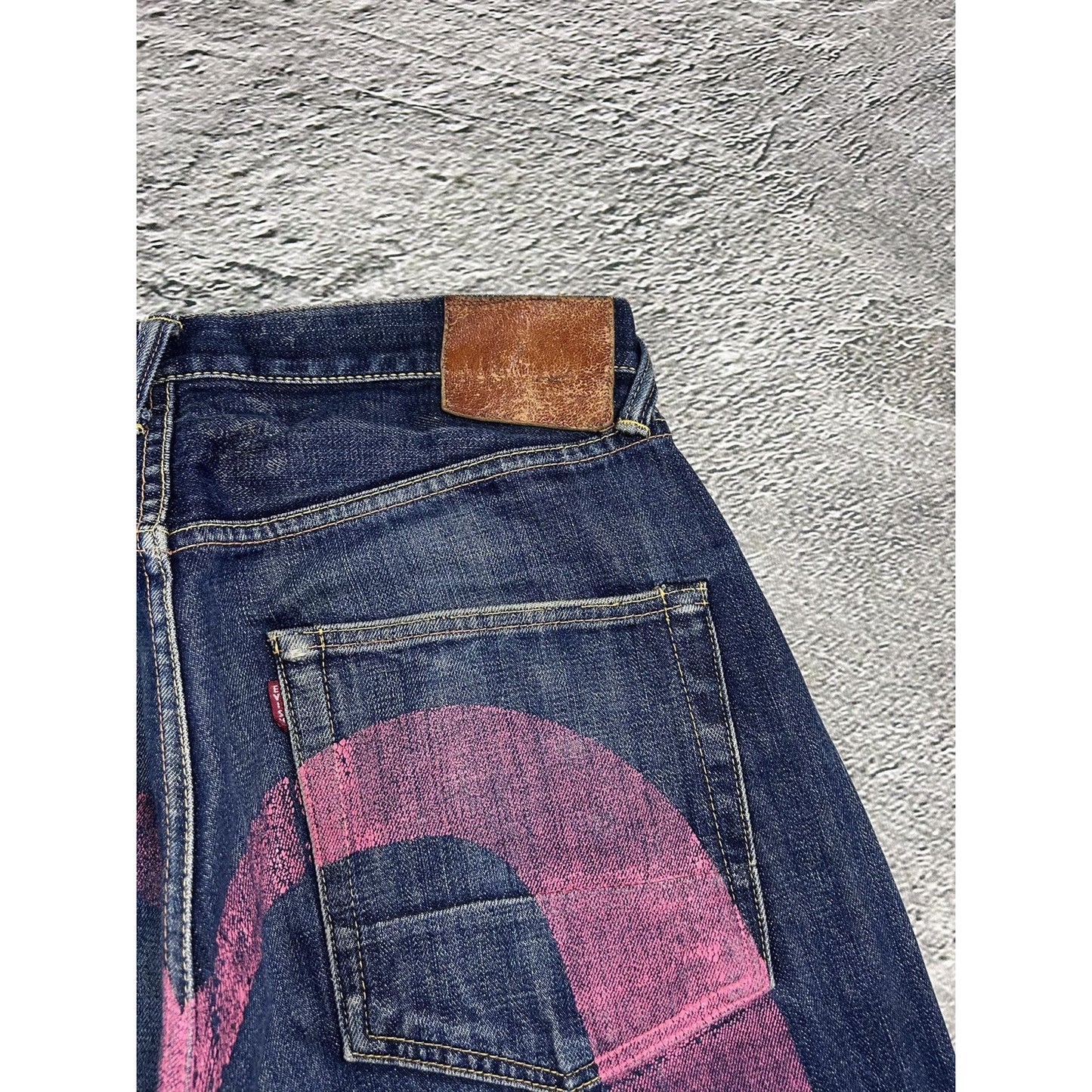 Evisu jeans daicock big logo pink selvedge denim navy blue