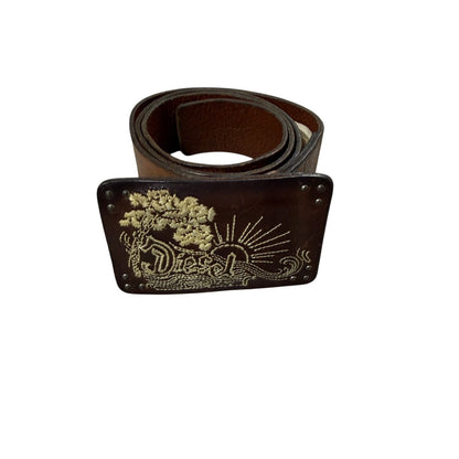 Diesel leather belt big buckle Y2K brown