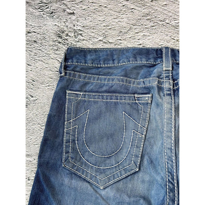 True Religion blue jeans white thick stitching Bobby
