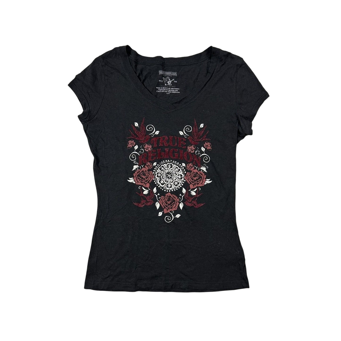 True Religion Rose T-shirt logo Red Black V-Neck cropped