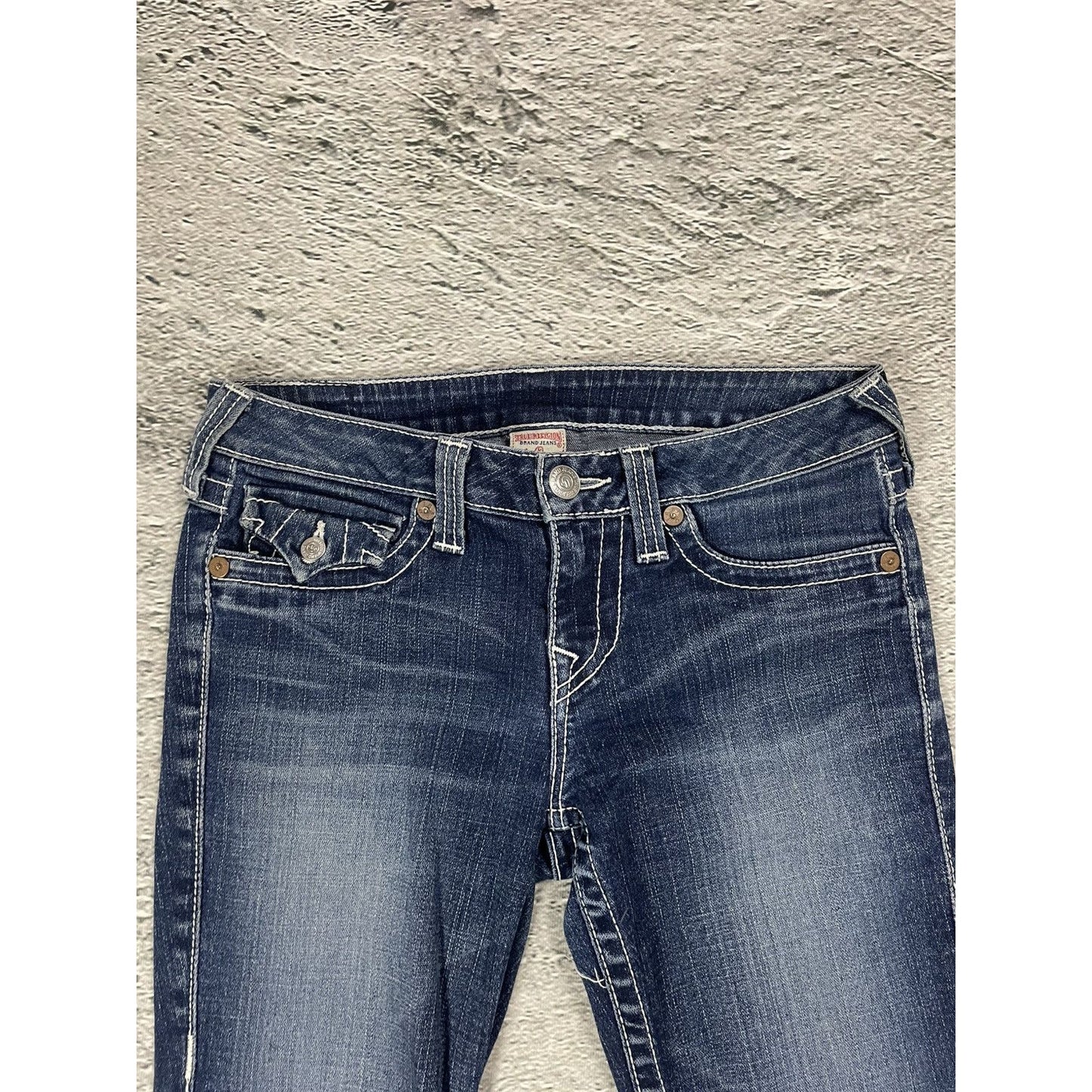 True Religion blue jeans flared bootcut stitching becky