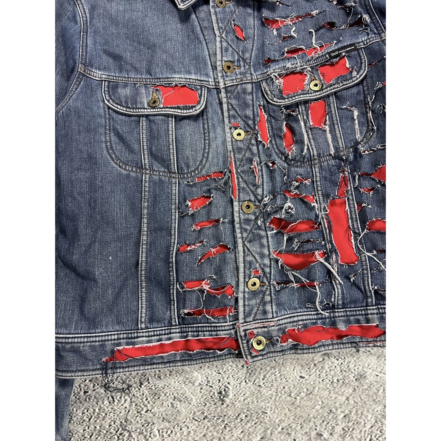 Dolce & Gabbana denim jacket distressed blue red avant garde