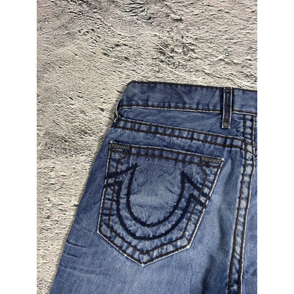 True Religion blue jeans white thick stitching Logan