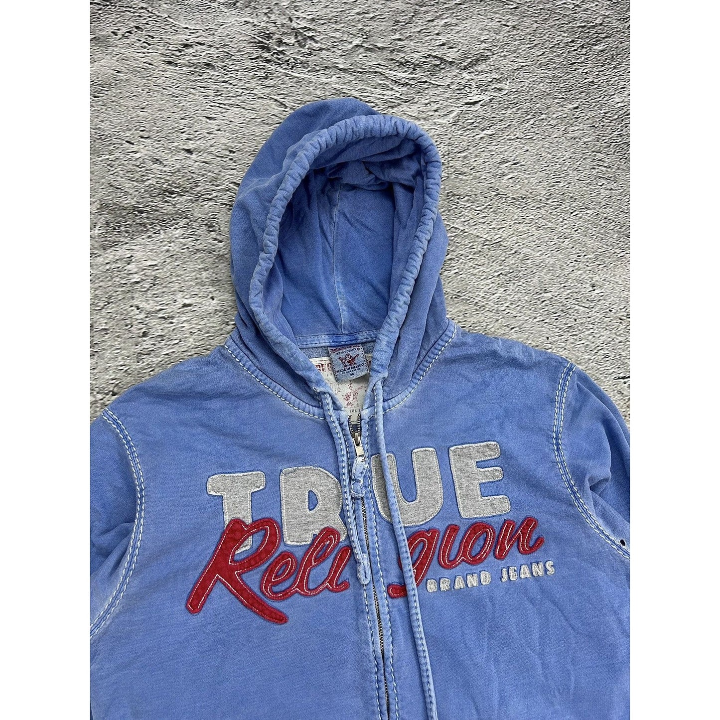 True Religion vintage white zip hoodie blue thick stitching