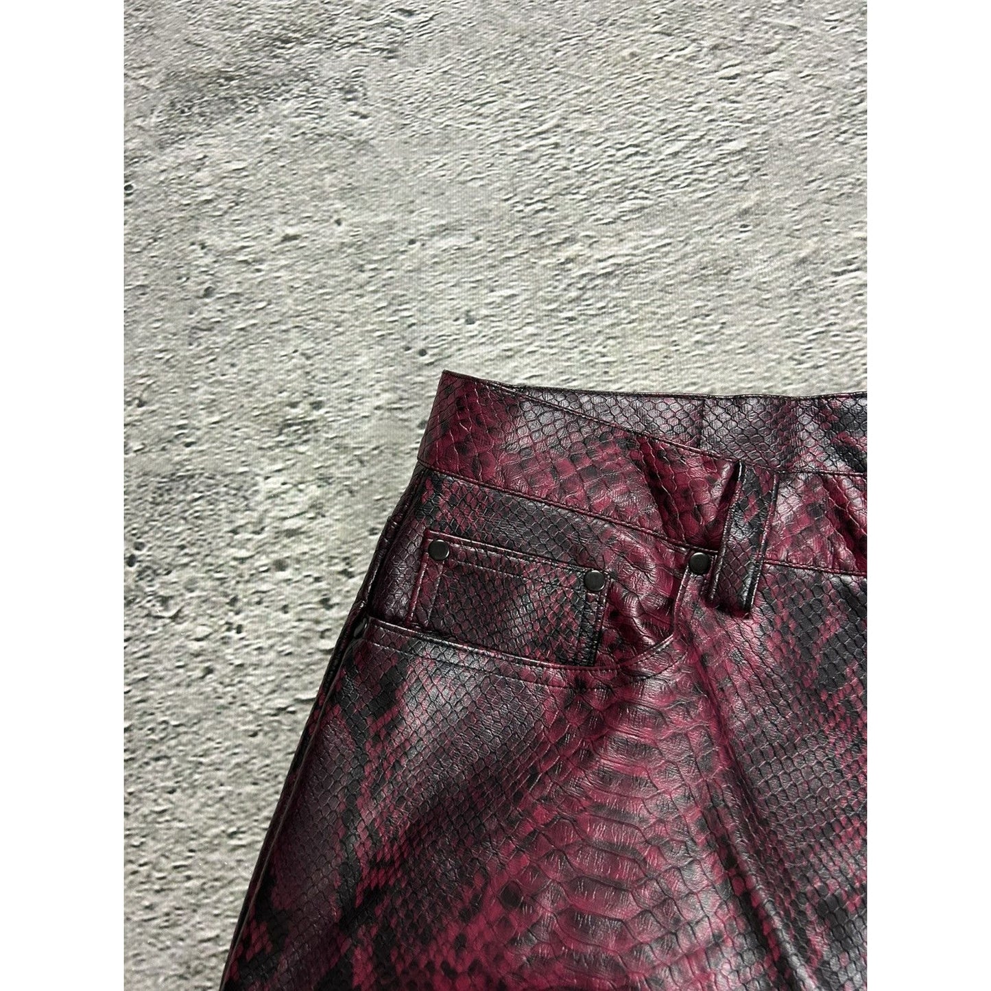 Review baggy pants faux leather style red snakeskin
