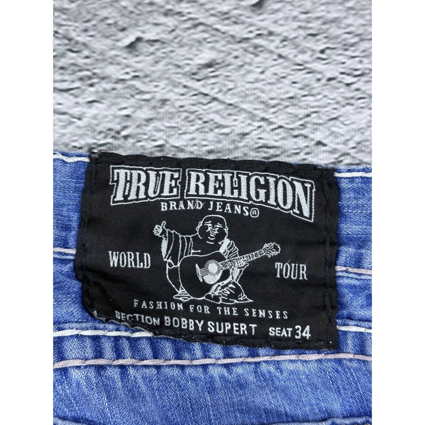 True Religion Blue jeans White Brown thick stitching Bobby