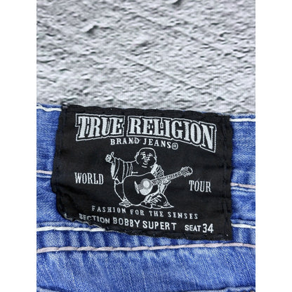 True Religion Blue jeans White Brown thick stitching Bobby