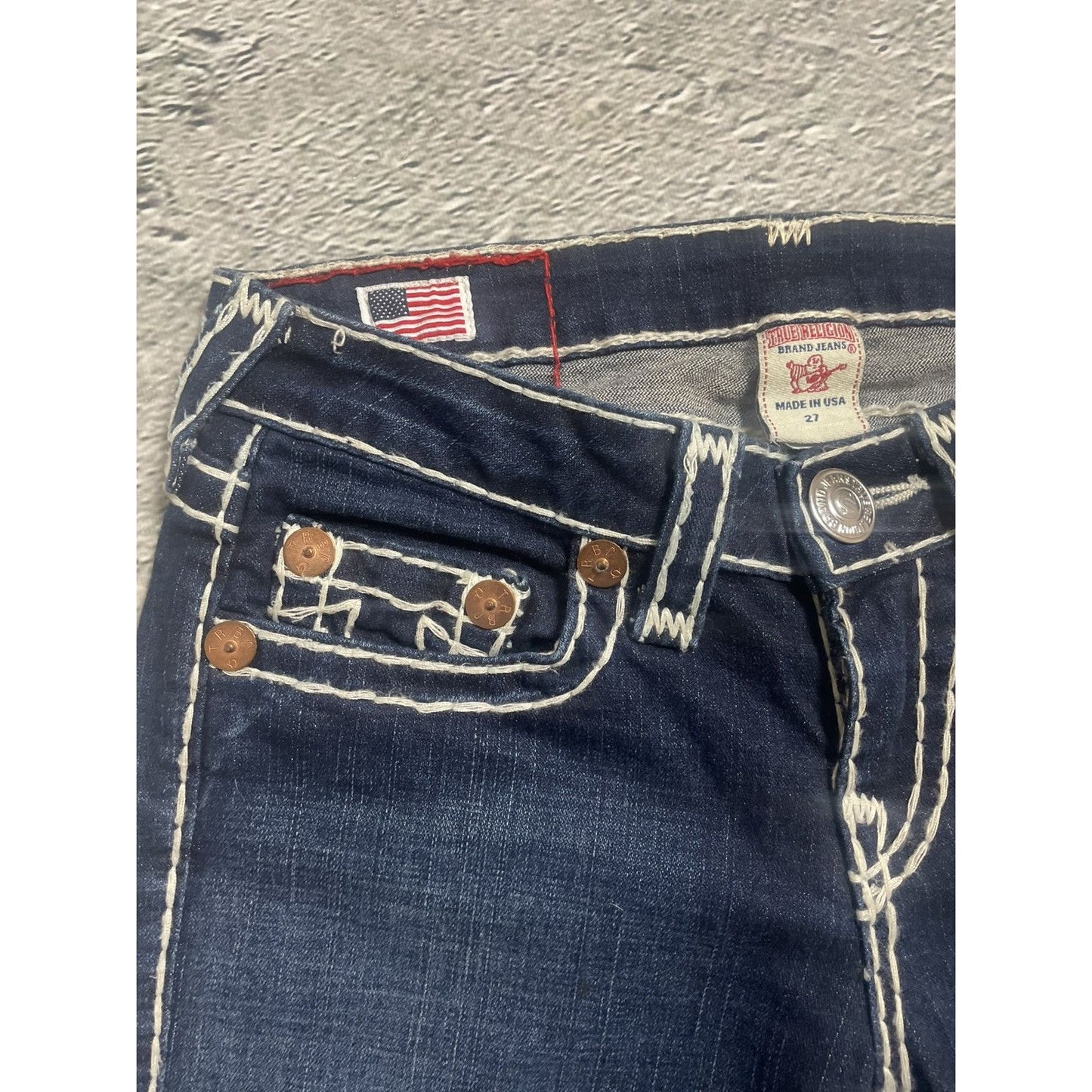 True Religion flared jeans blue white thick stitching Y2K