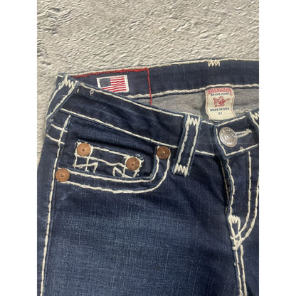 True Religion flared jeans blue white thick stitching Y2K