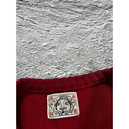 Evisu sweater wool vintage red knit face logo on sleeves