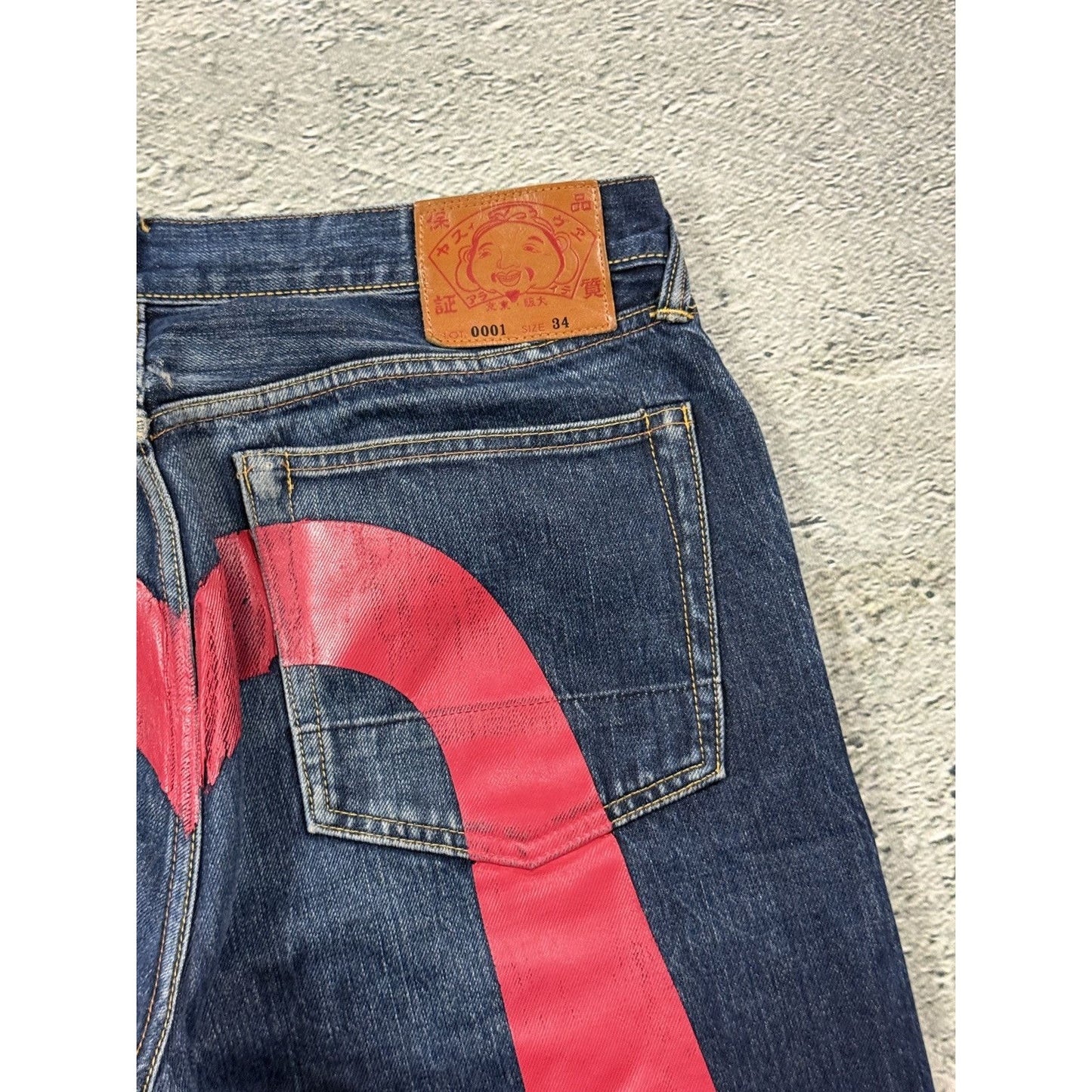 Evisu jeans daicock red big logo navy raw denim Selvedge