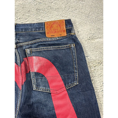 Evisu jeans daicock red big logo navy raw denim Selvedge