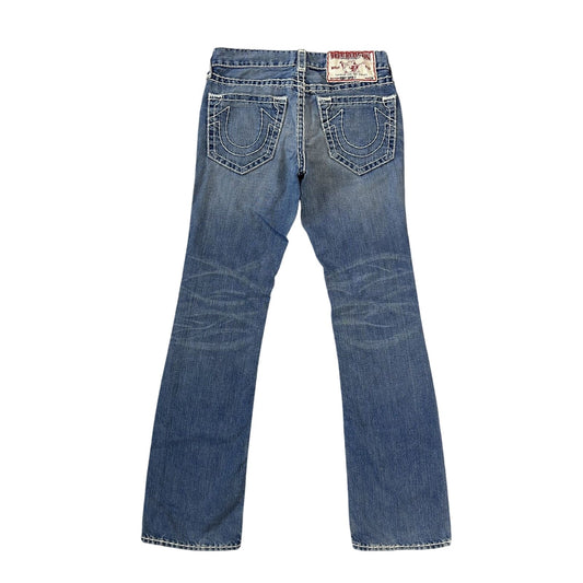 True Religion baby blue jeans white thick stitching Bobby