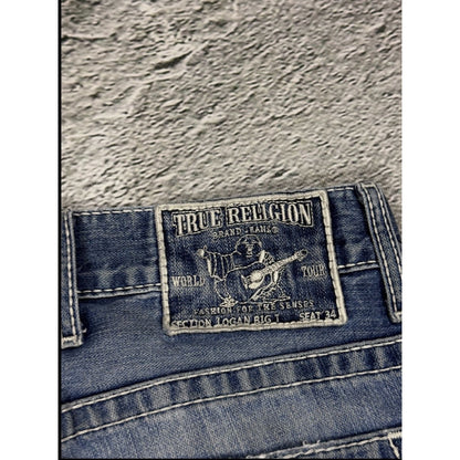 True Religion blue washed jeans white thick stitching Logan