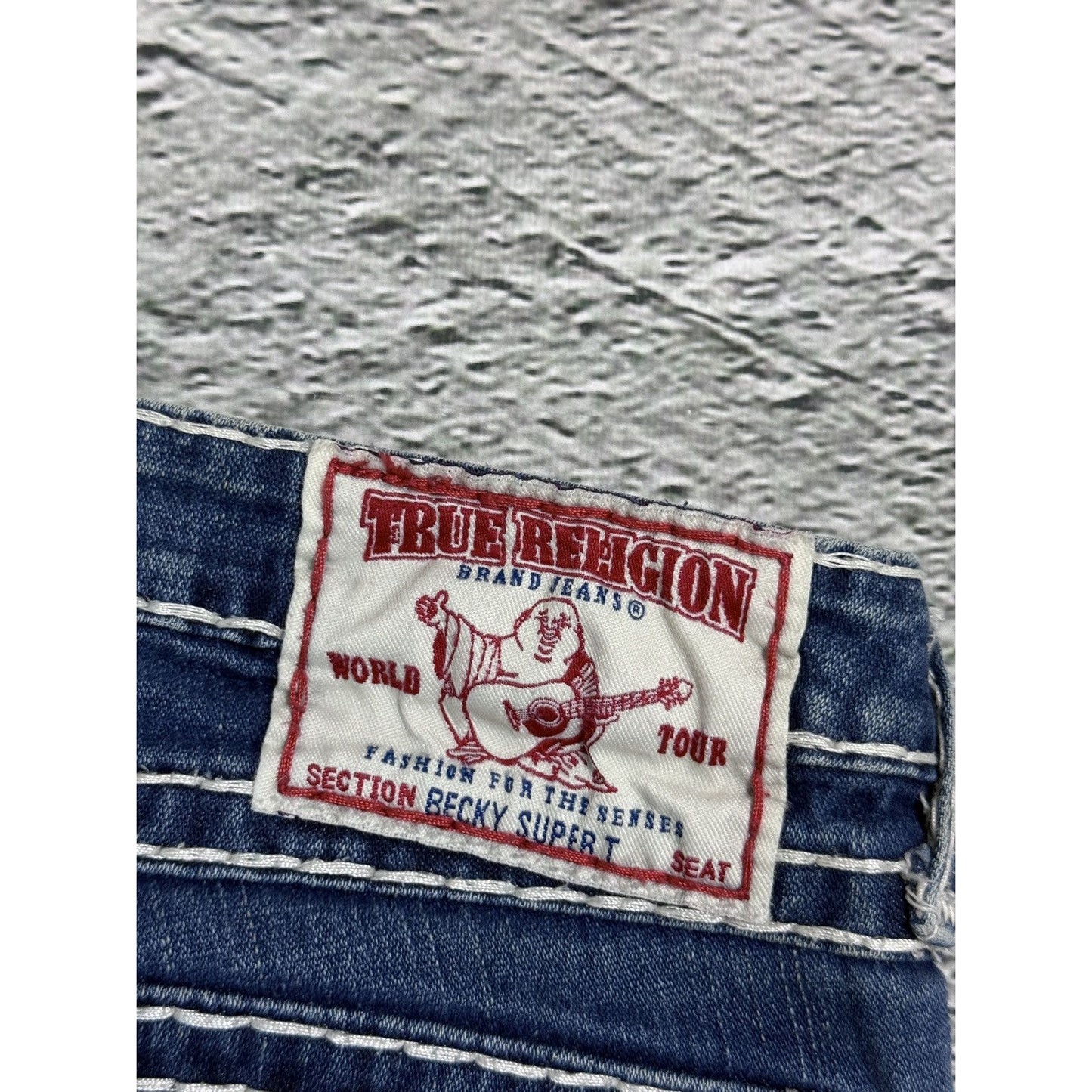 True Religion blue jeans white thick stitching Billy