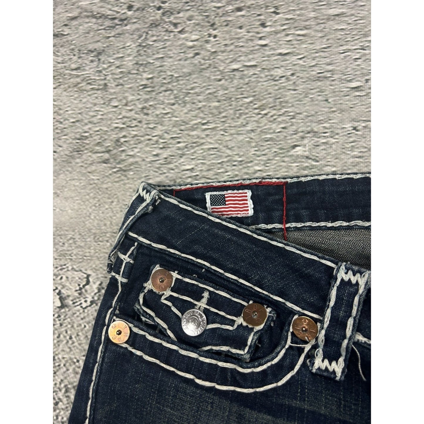 True Religion navy blue jeans white thick stitching Billy