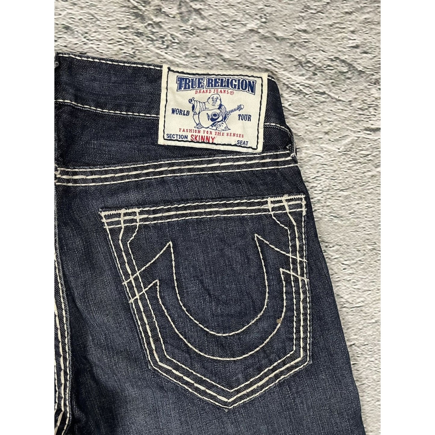 True Religion jeans navy blue white stitching straight Y2K