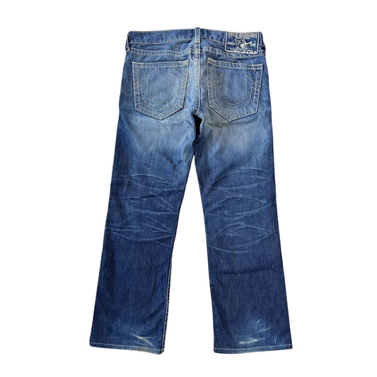 True Religion blue jeans white thick stitching Bobby