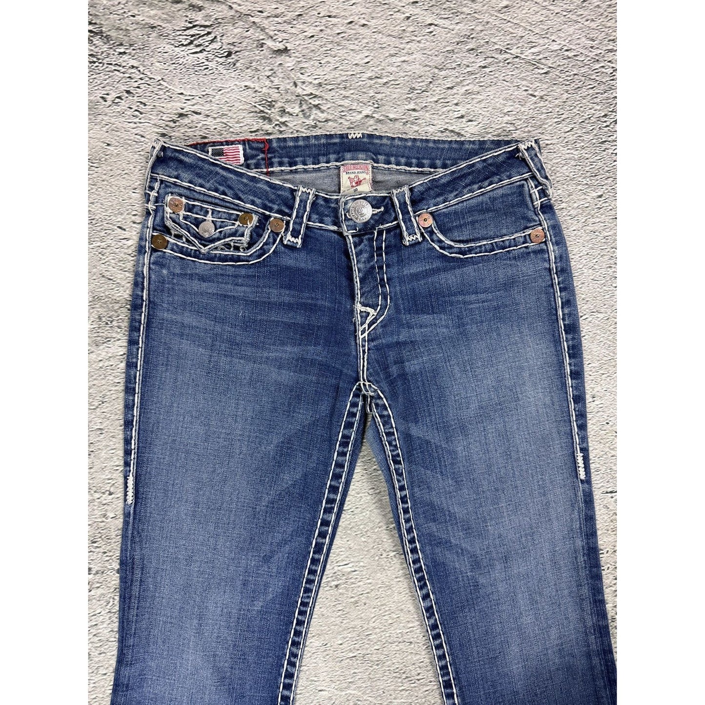 True Religion blue jeans white thick stitching Billy