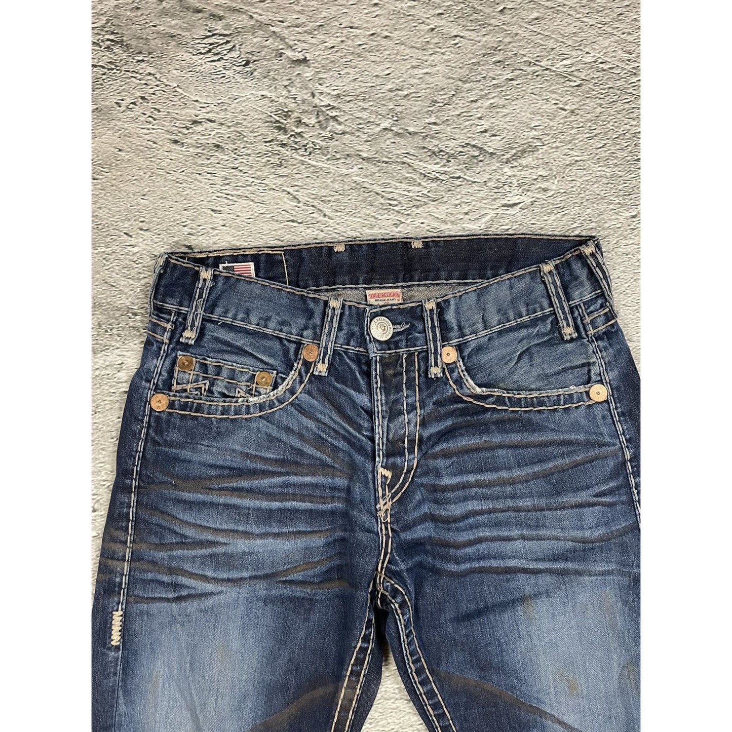 True Religion jeans dark navy thick stitching brown Logan