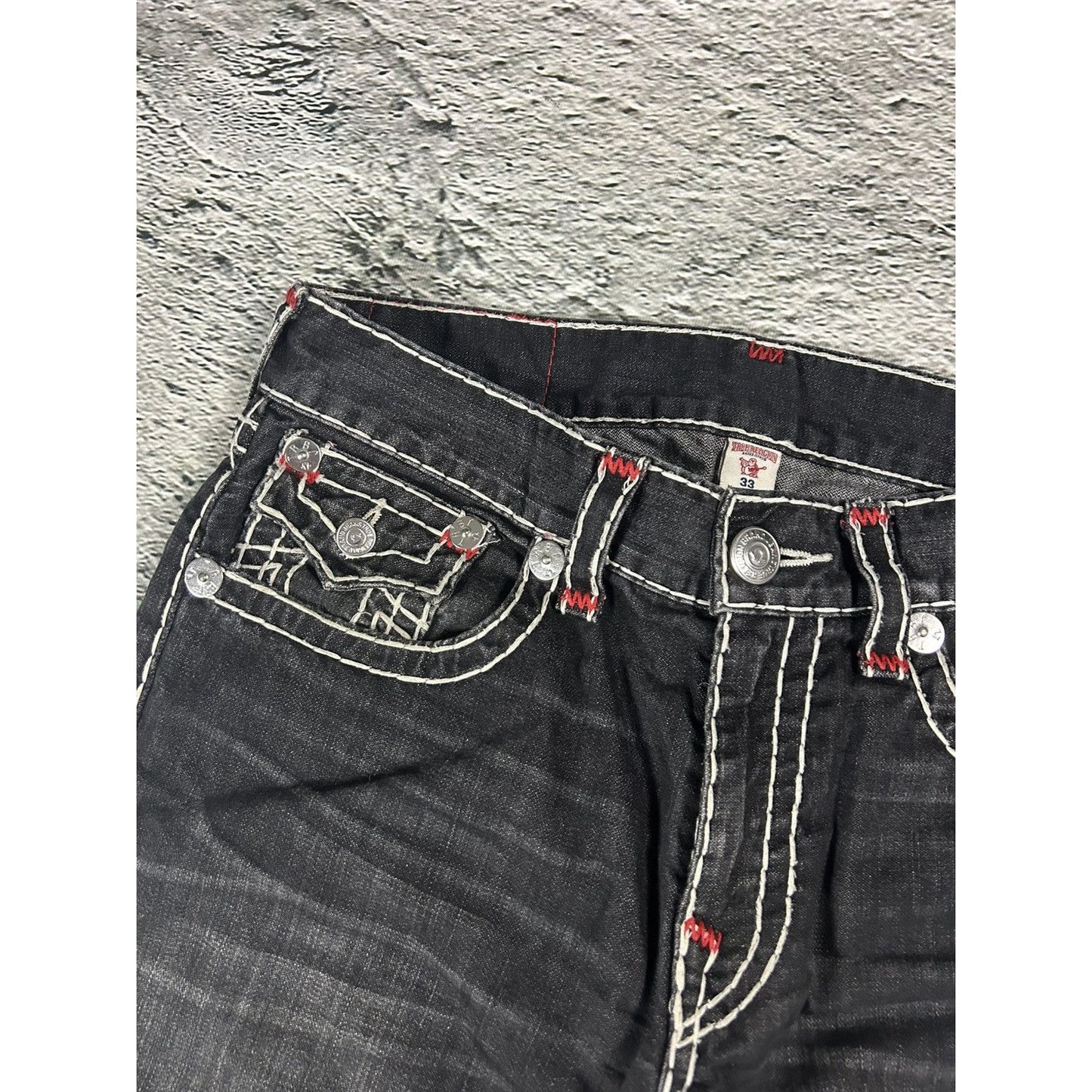 True Religion vintage black jeans denim white stitching