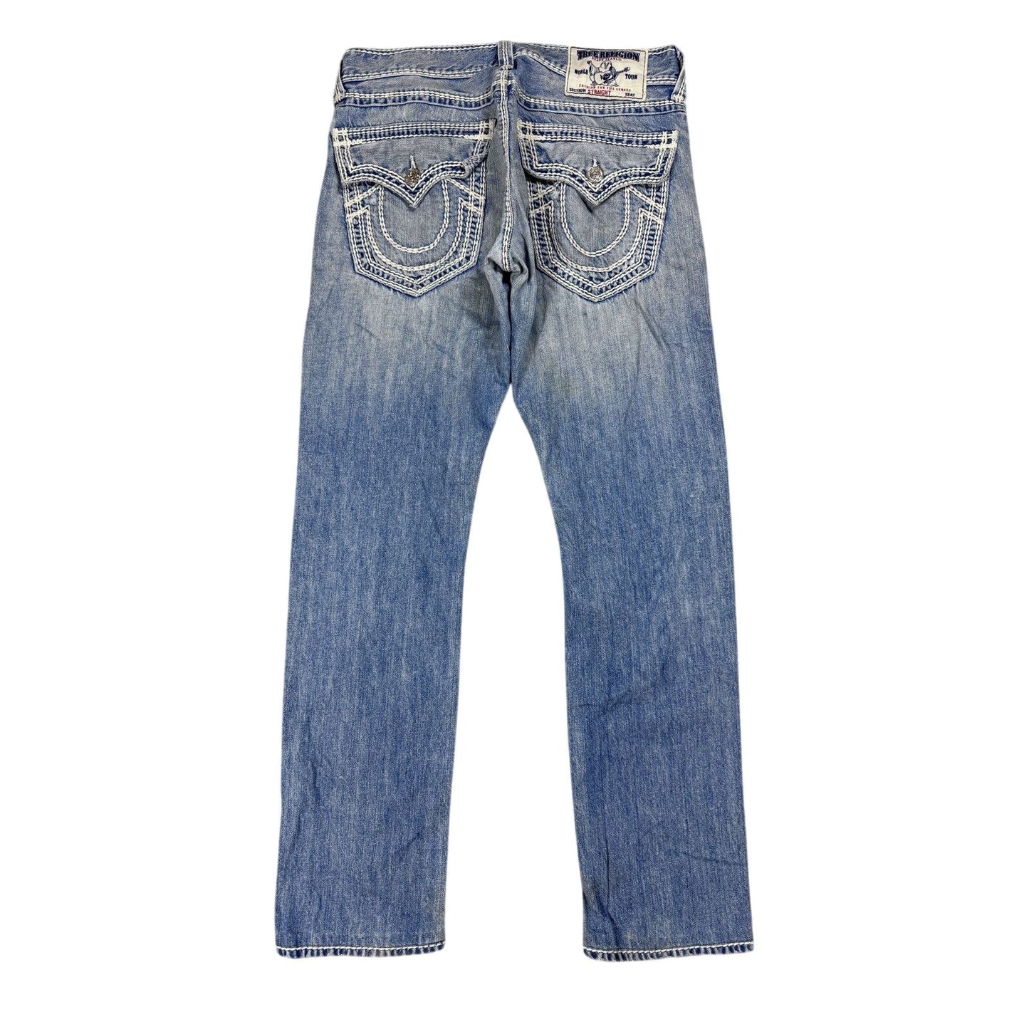 True Religion jeans straight baby blue Mega T white stitch