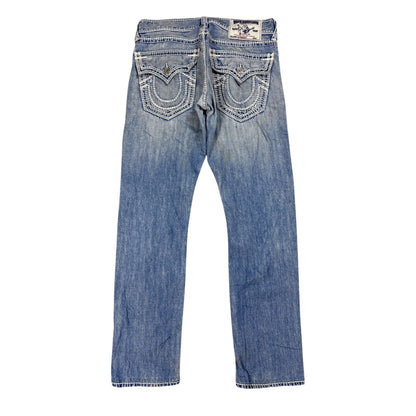 True Religion jeans straight baby blue Mega T white stitch