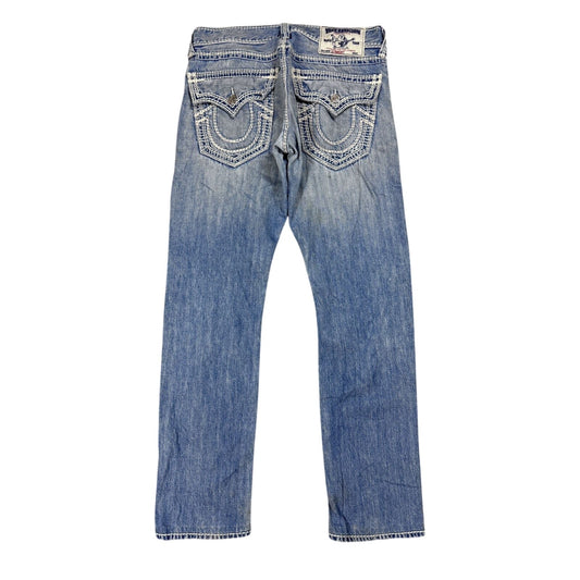 True Religion jeans straight baby blue Mega T white stitch