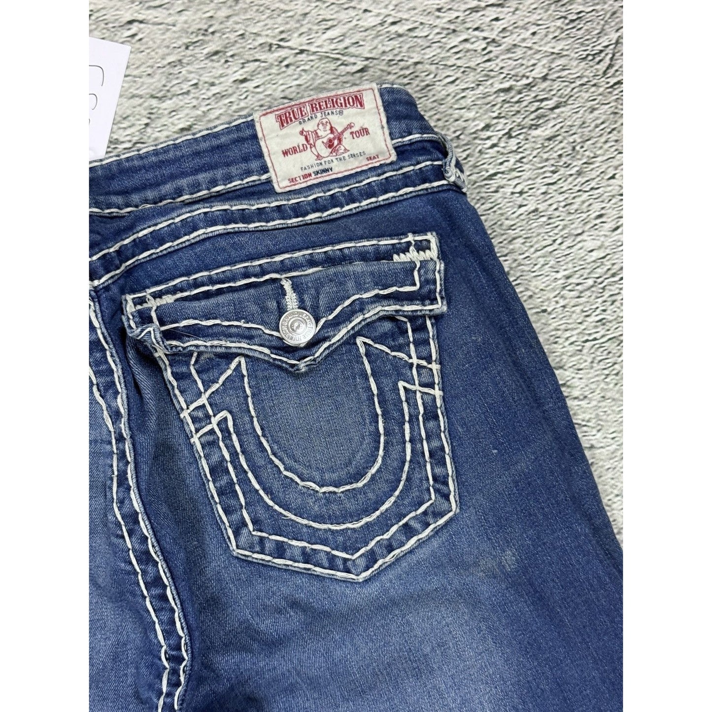 True Religion blue jeans white thick stitching skinny