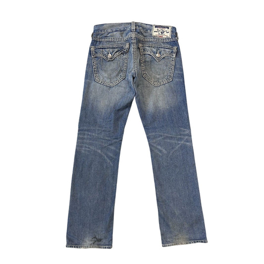 True Religion baby blue jeans white thick stitching straight