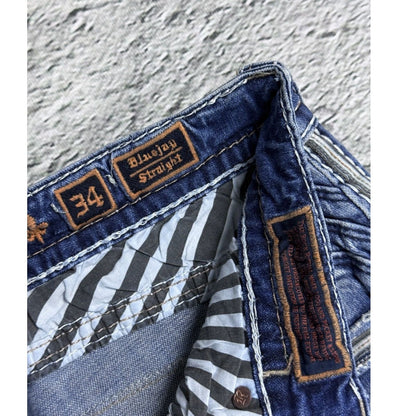 Rock Revival straight vintage blue jeans leather patch Y2K