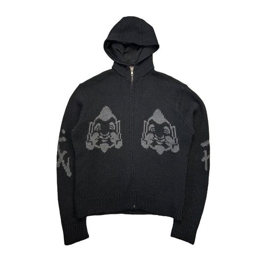Evisu knit zip hoodie wool sweater big logo black vintage