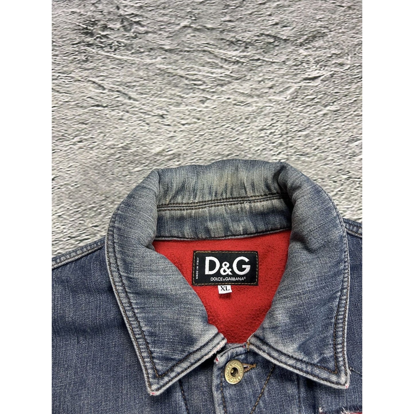 Dolce & Gabbana denim jacket distressed blue red avant garde