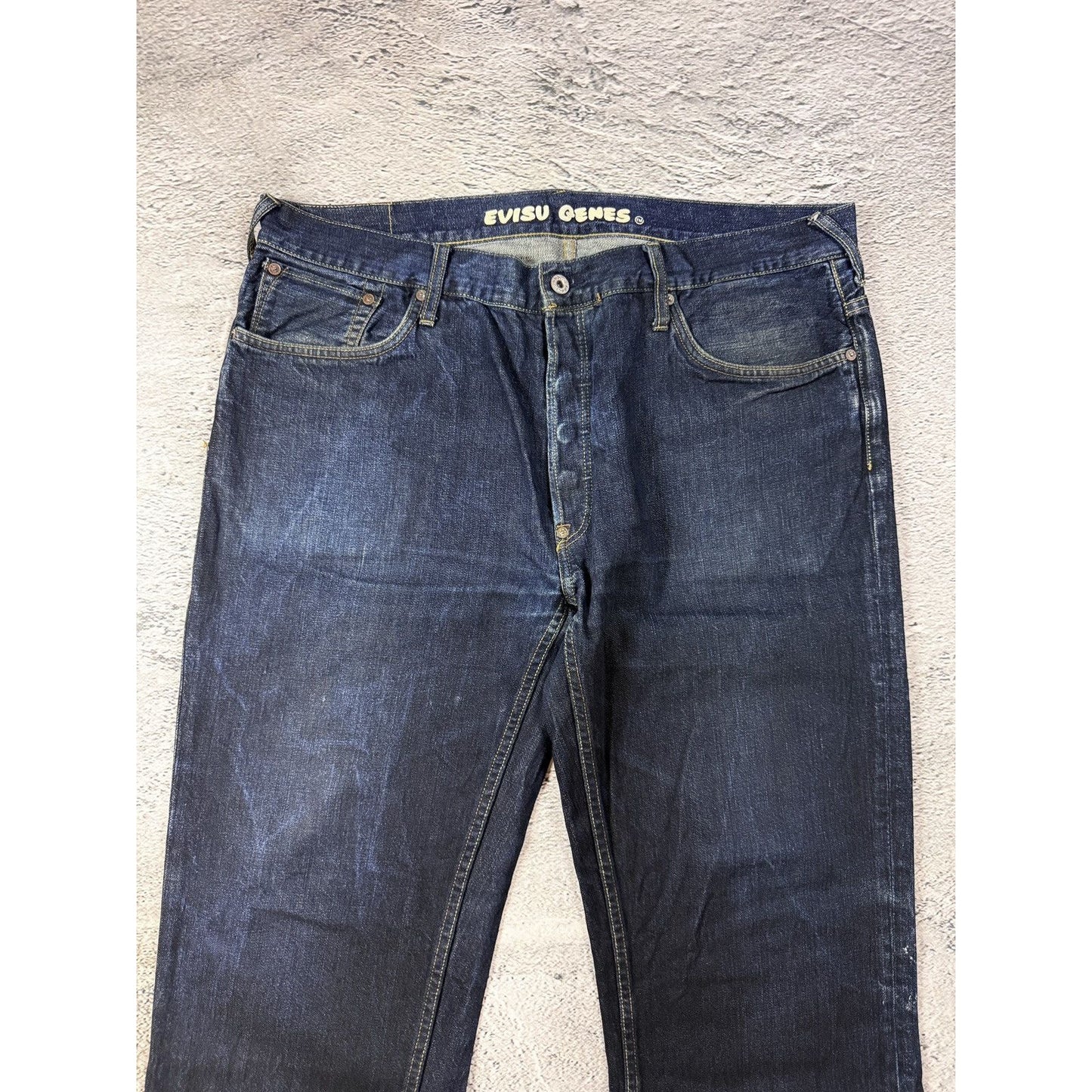 Evisu Genes jeans vintage raw denim blue painted seagull Y2K