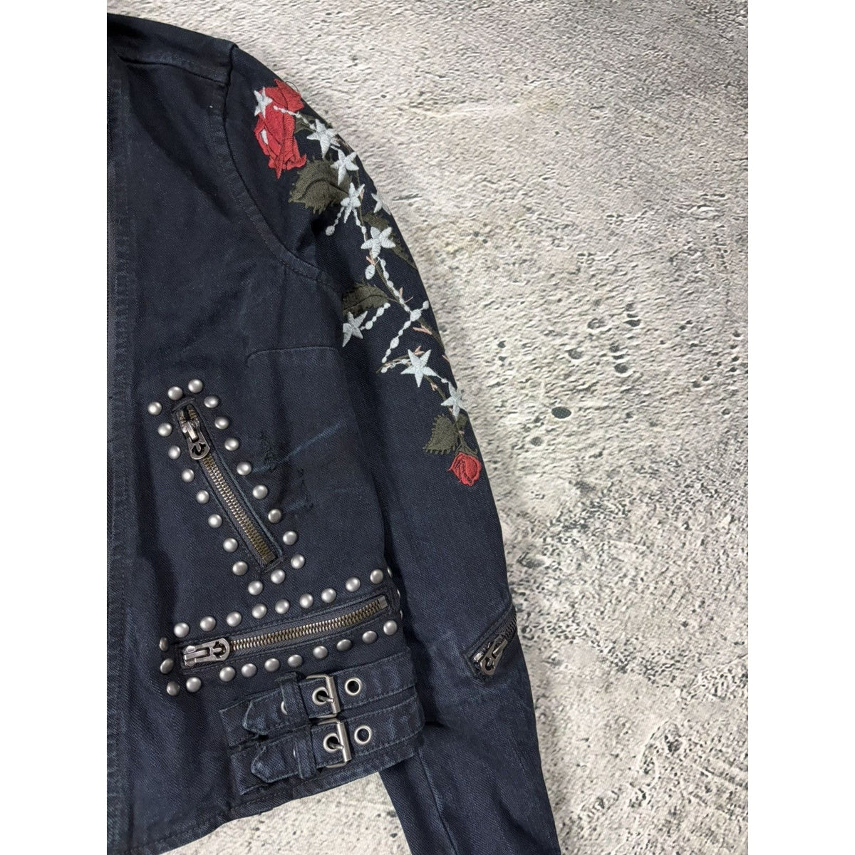 True Religion denim jacket Biker black roses studded red