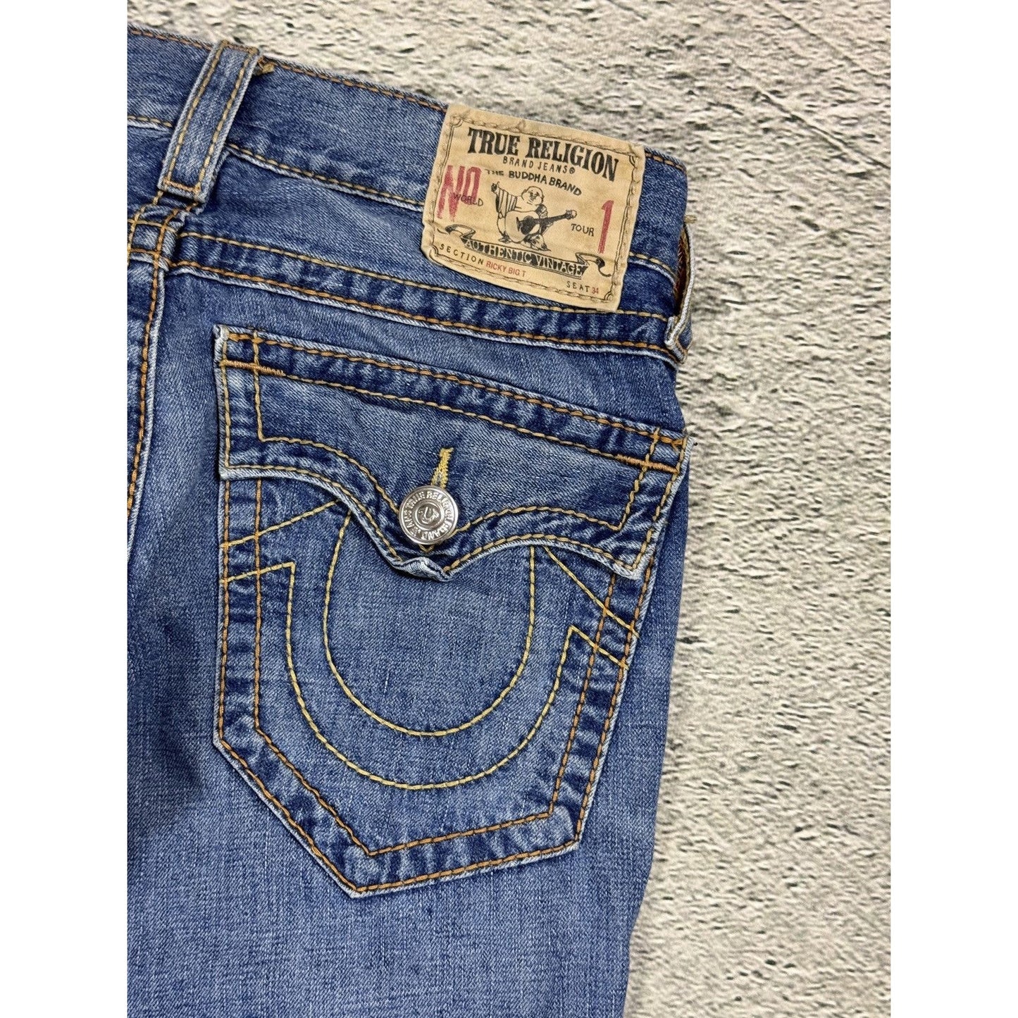 True Religion blue jeans flared thick stitching Ricky gold
