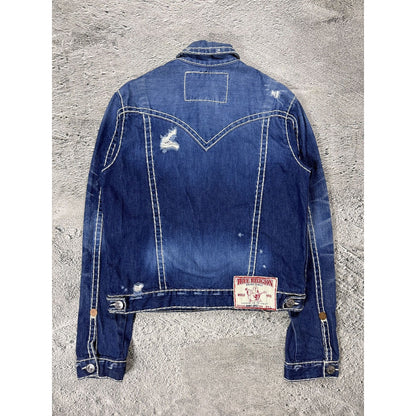 True Religion denim jacket blue white stitching vintage