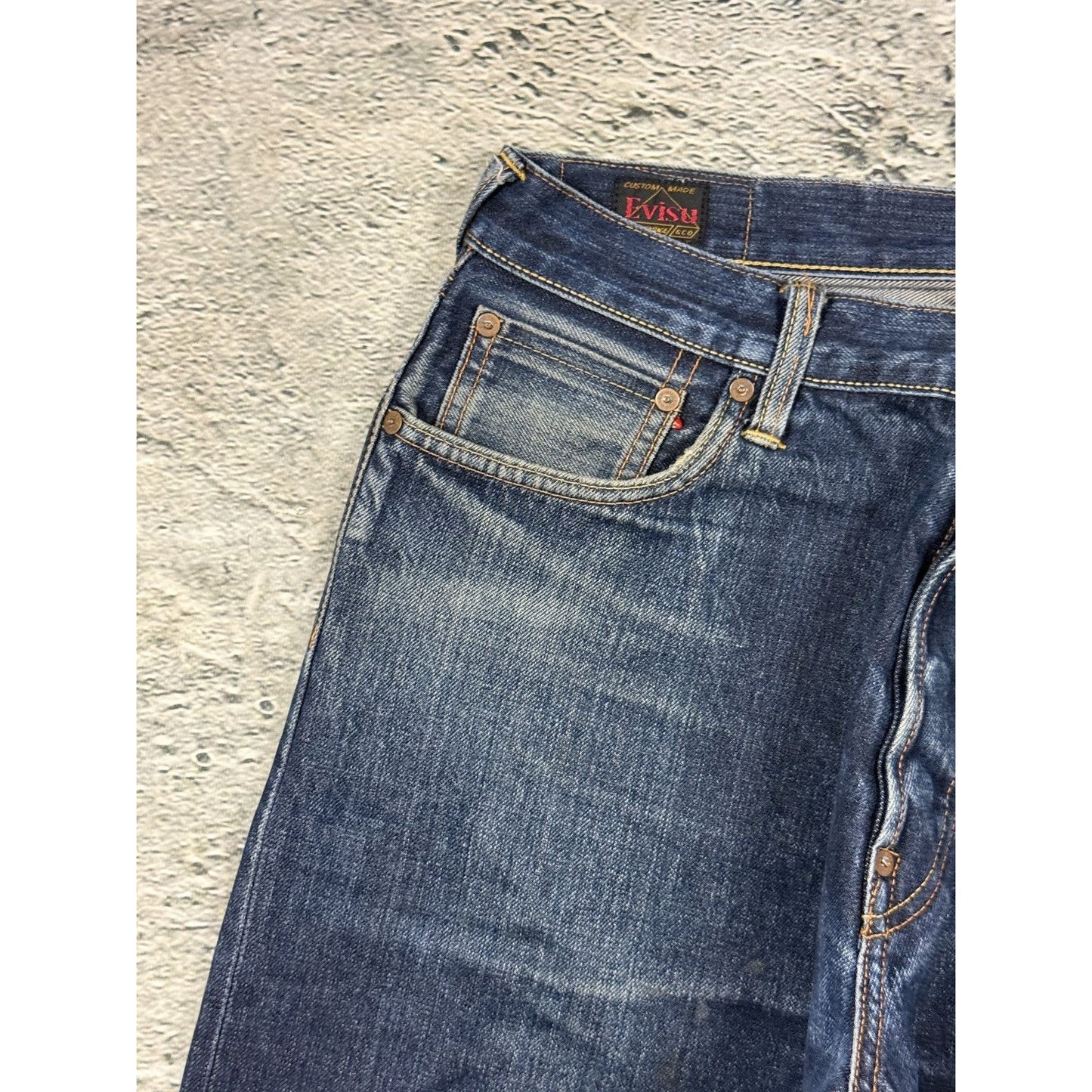 Evisu jeans daicock red big logo navy raw denim Selvedge