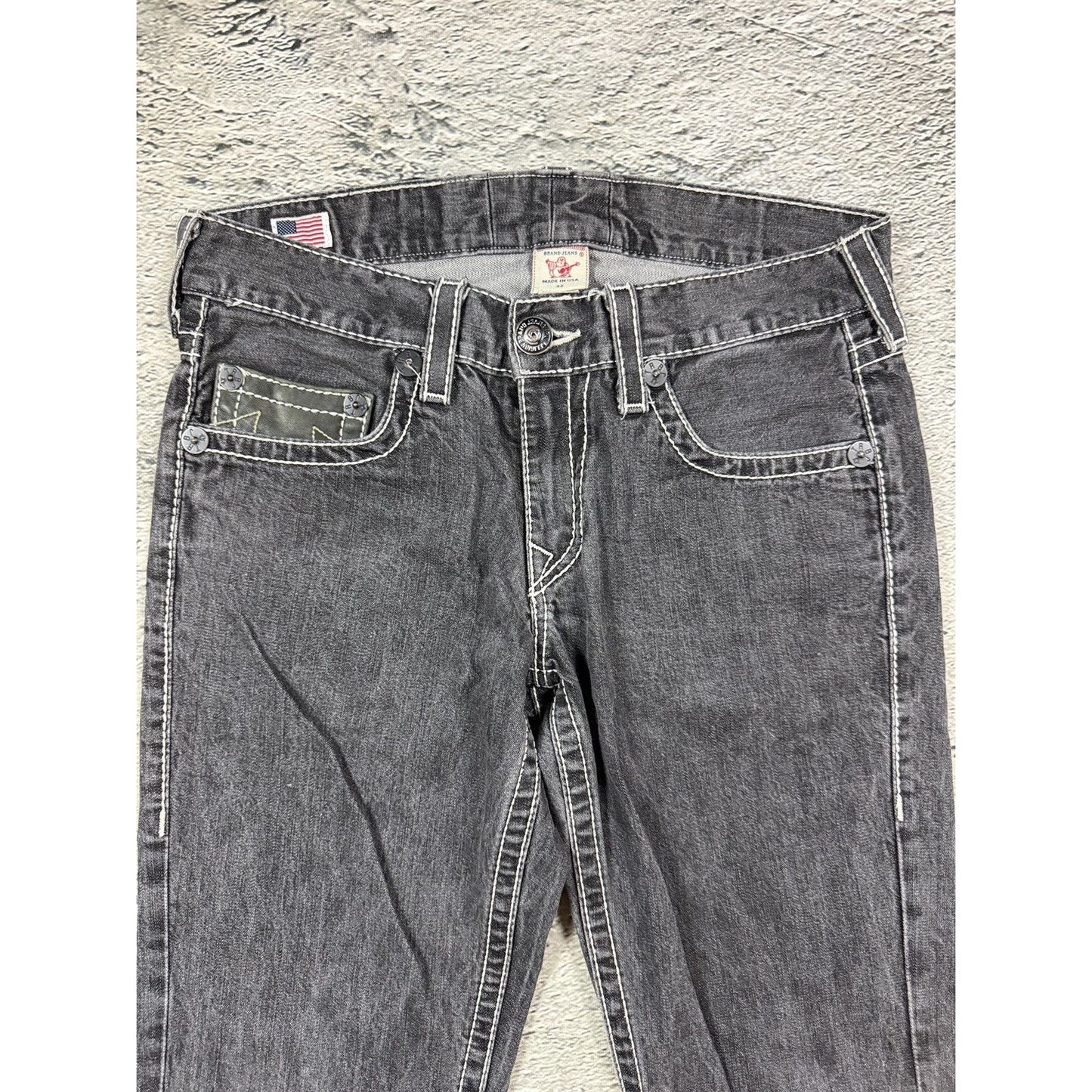 True Religion jeans grey black leather patch Bobby straight