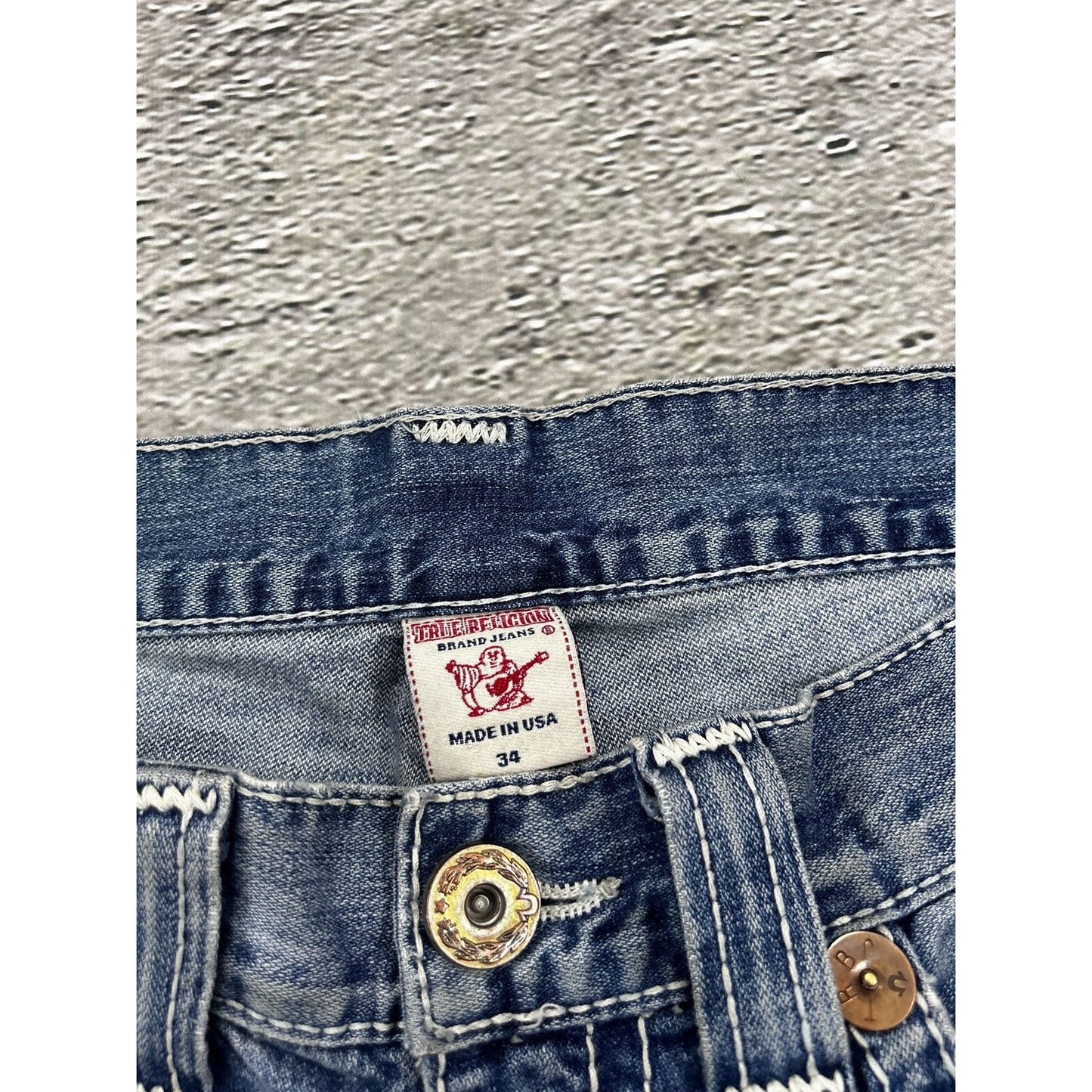 True Religion vintage jeans blue thick stitching white Y2K