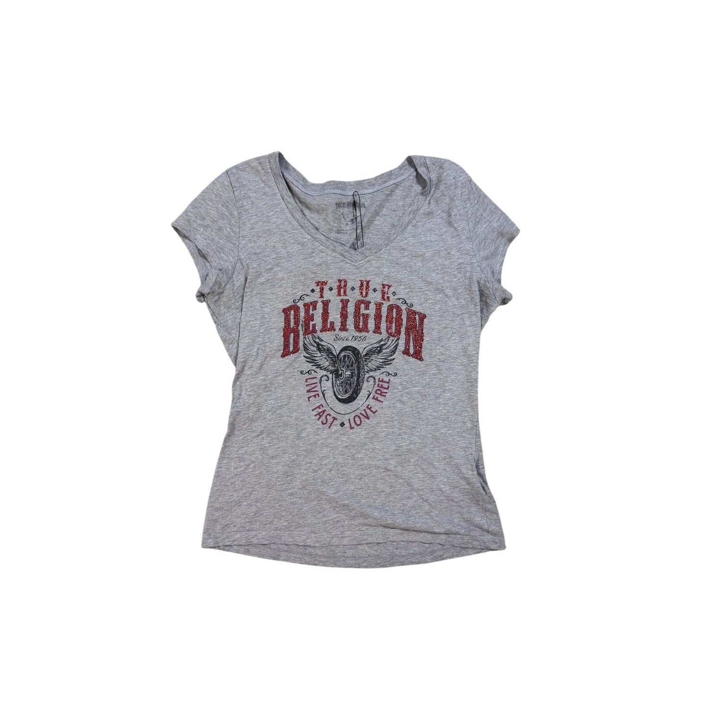 True Religion gray red rhinestones T-shirt logo