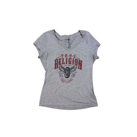 True Religion gray red rhinestones T-shirt logo
