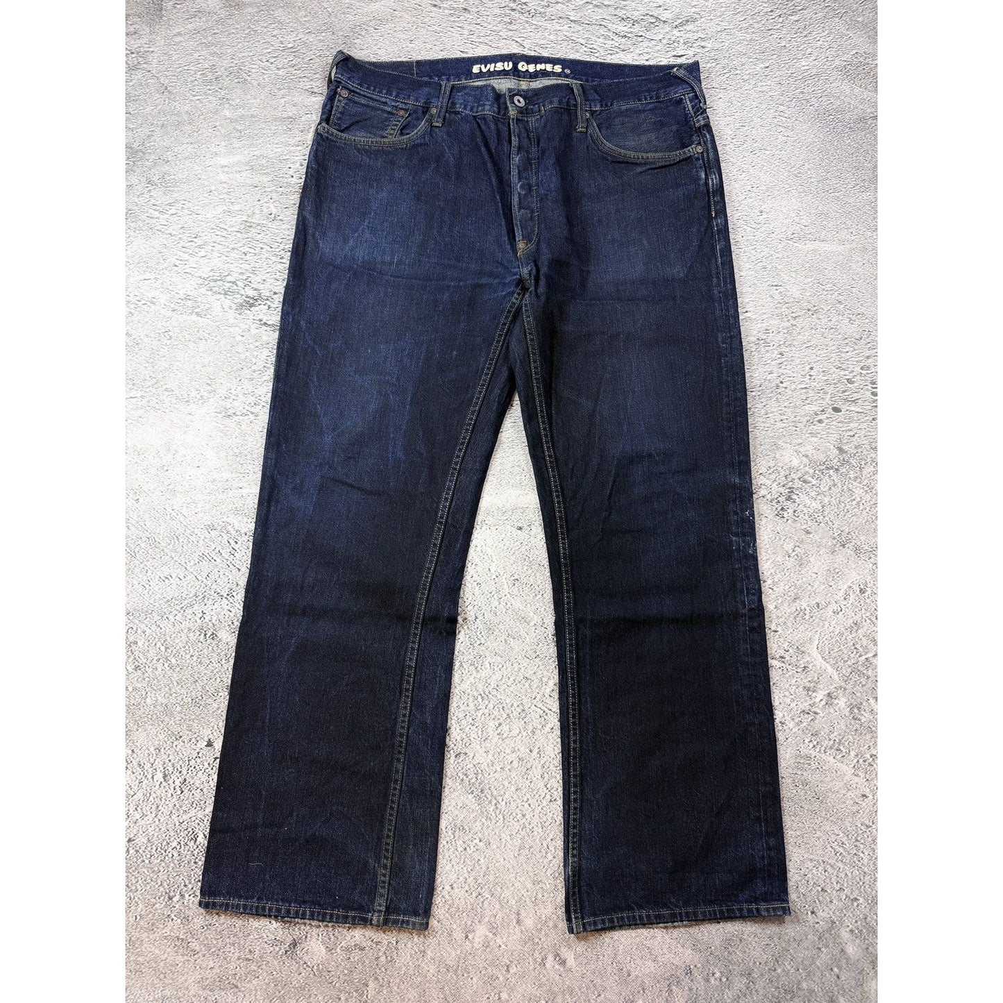 Evisu Genes jeans vintage raw denim blue painted seagull Y2K