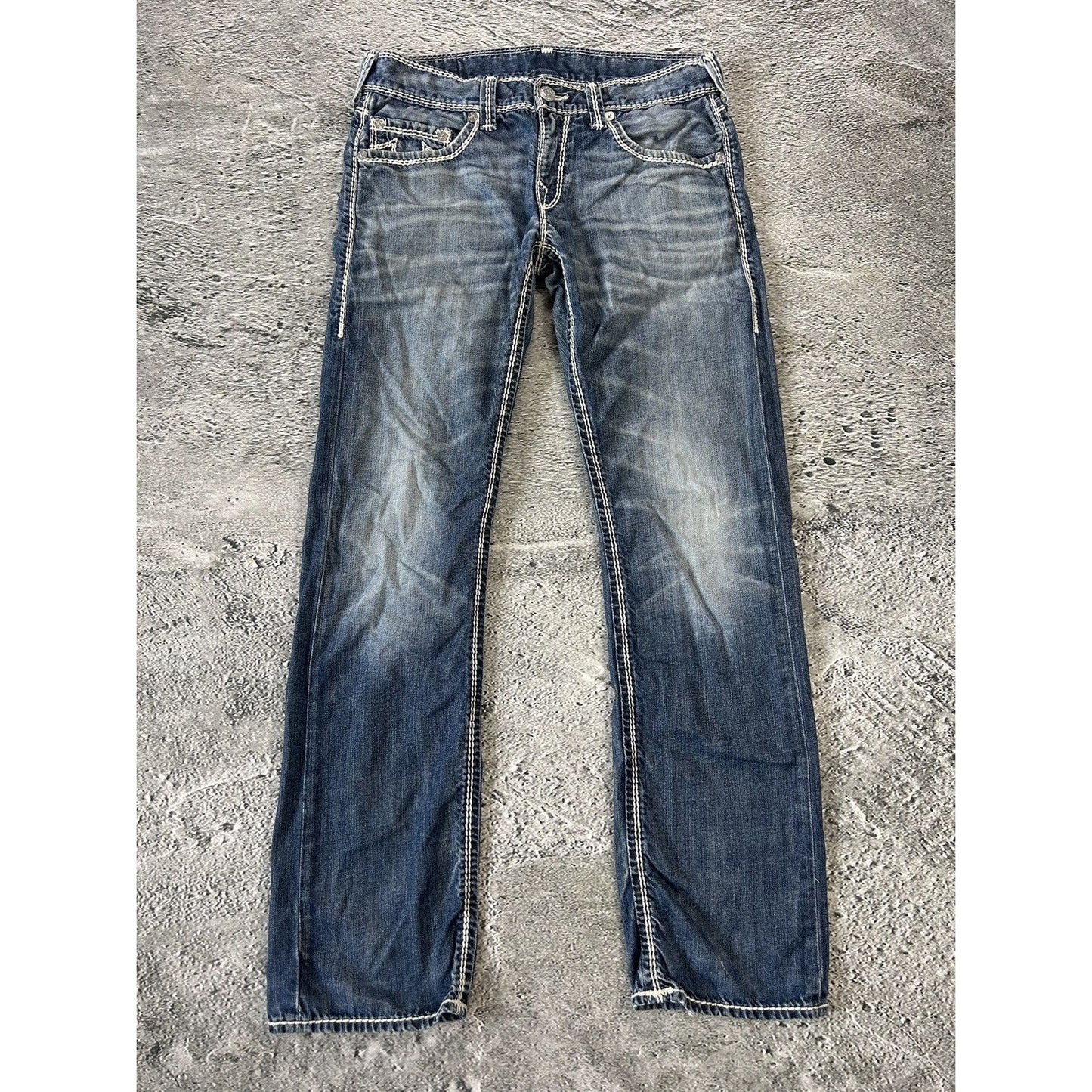 True Religion blue jeans white thick stitching straight Y2K