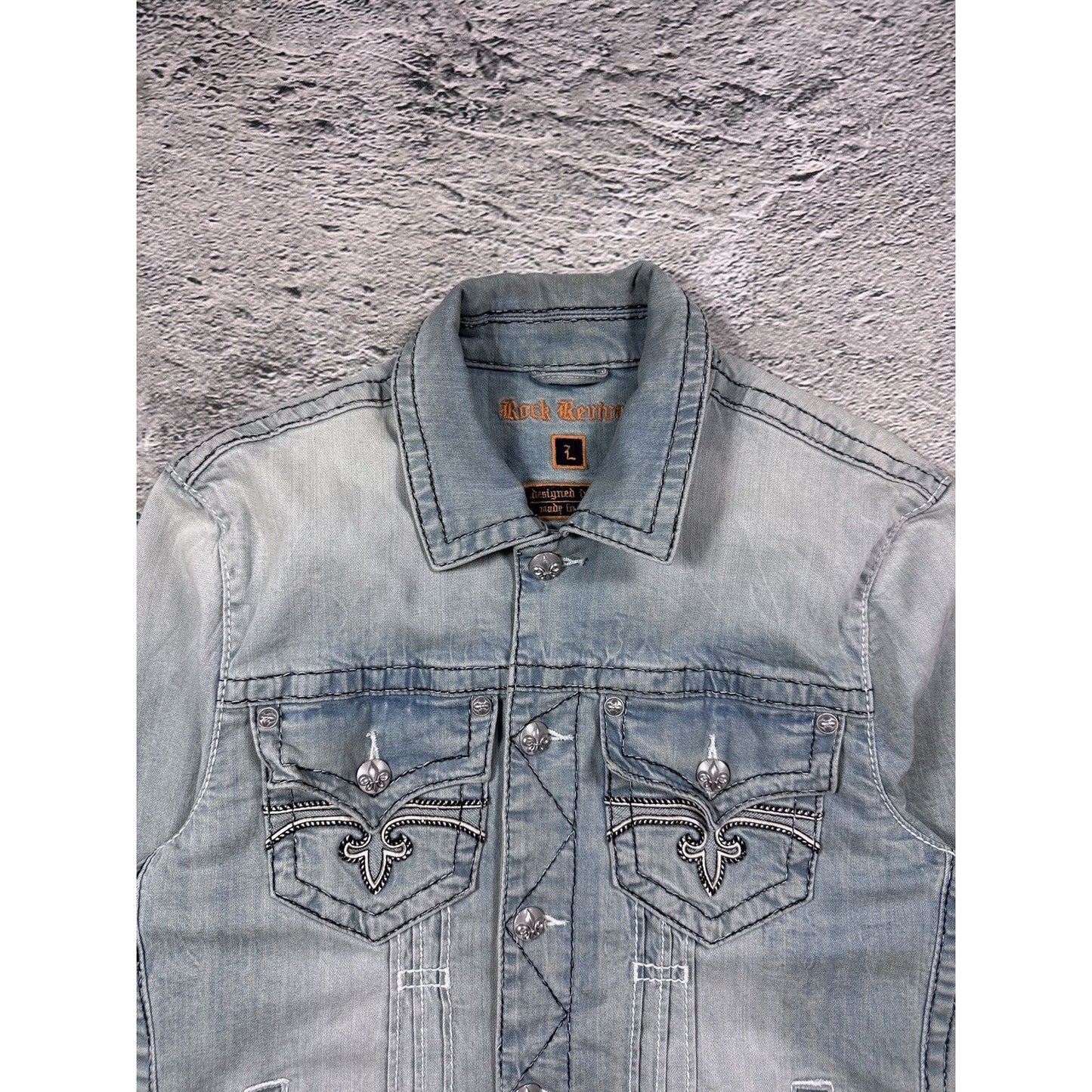 Rock Revival denim jacket blue white stitching vintage