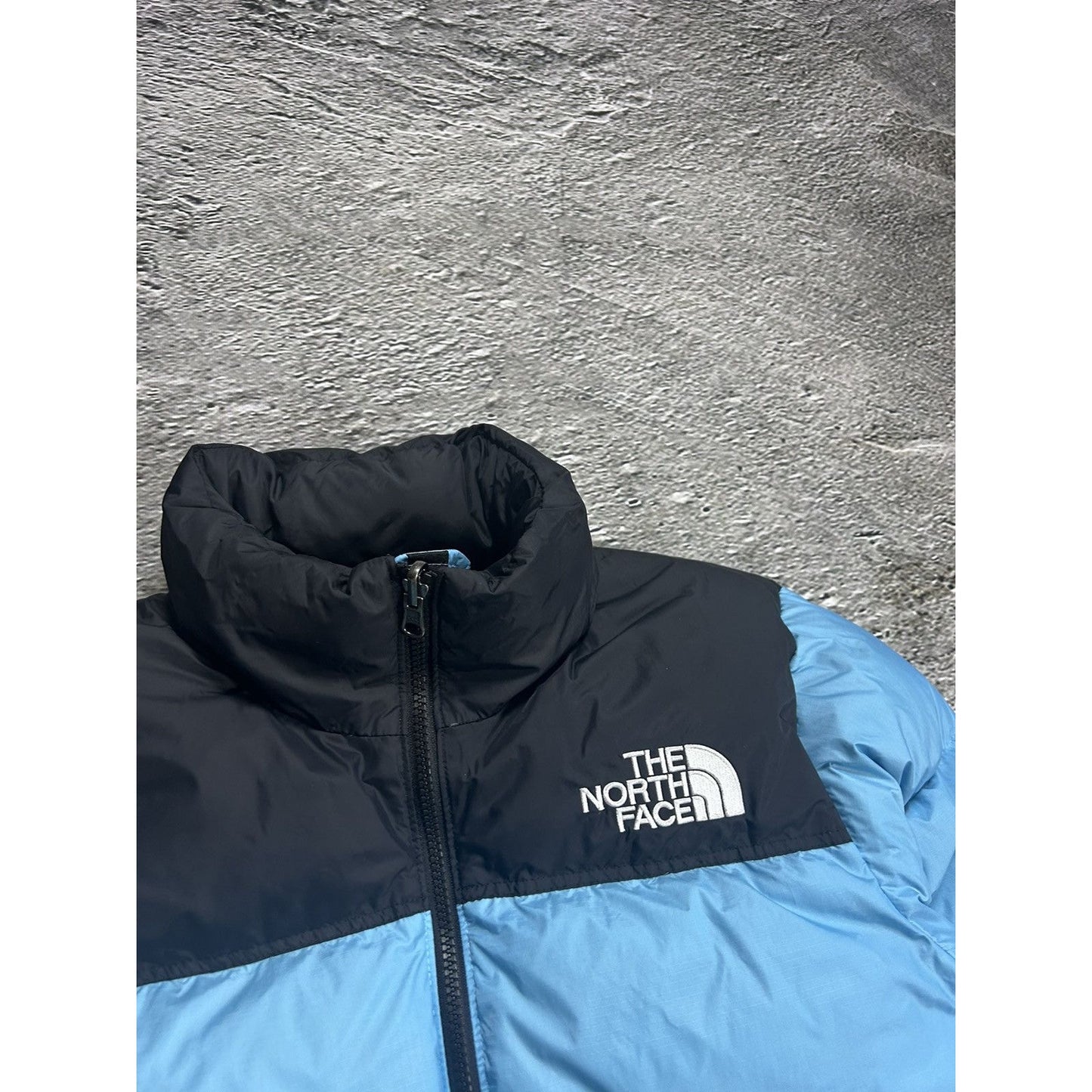 The North Face nuptse 700 baby blue black down puffer jacket